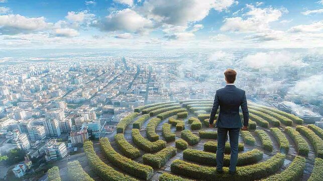 A resilient professional navigating challenges symbolized by a labyrinthine workplace Stock Photo with side copy space