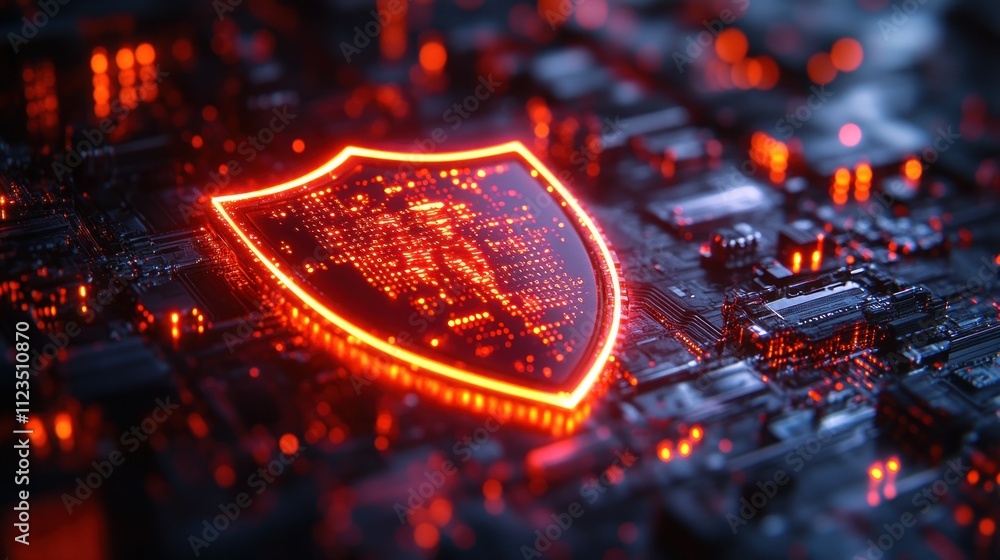 Poster digital shield symbolizing cybersecurity on a circuit board