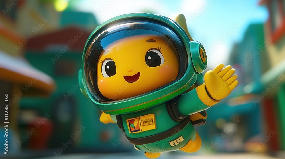 Poster a cheerful cartoon character in a spacesuit, floating joyfully in a colorful, vibrant setting.