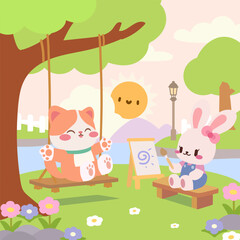 Obraz premium Adorable cat swinging and bunny painting in a sunny park scene. Bunny artist and swinging cat under a tree.