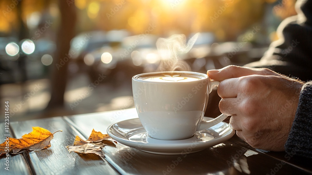 Poster a balanced work-life scene with a professional enjoying a coffee break in a sunlit patio stock photo
