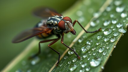 Fototapeta premium Extreme Macro Horse Fly on Dew-Kissed Leaf - AI Photorealistic