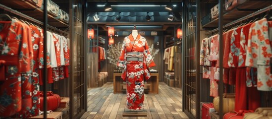 Obraz premium Elegant Japanese woman standing in a historic Japanese retail store wearing a traditional red and gold patterned kimono The store interior is filled with various kimono designs and accessories