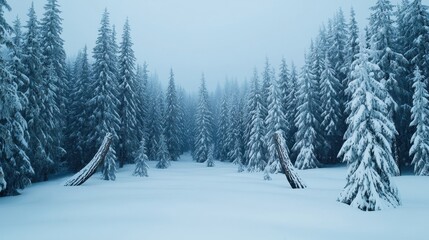Fototapeta premium Winter storm and wind visibility, A serene winter landscape filled with tall, snow-covered evergreen trees amidst a blanket of fresh snow, exuding a calm, tranquil atmosphere.