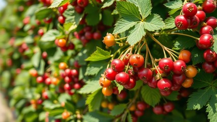 Obraz premium Gooseberry Bush, Summer Garden, Lush Green, Vibrant Colors, Detailed Photo, High Resolution