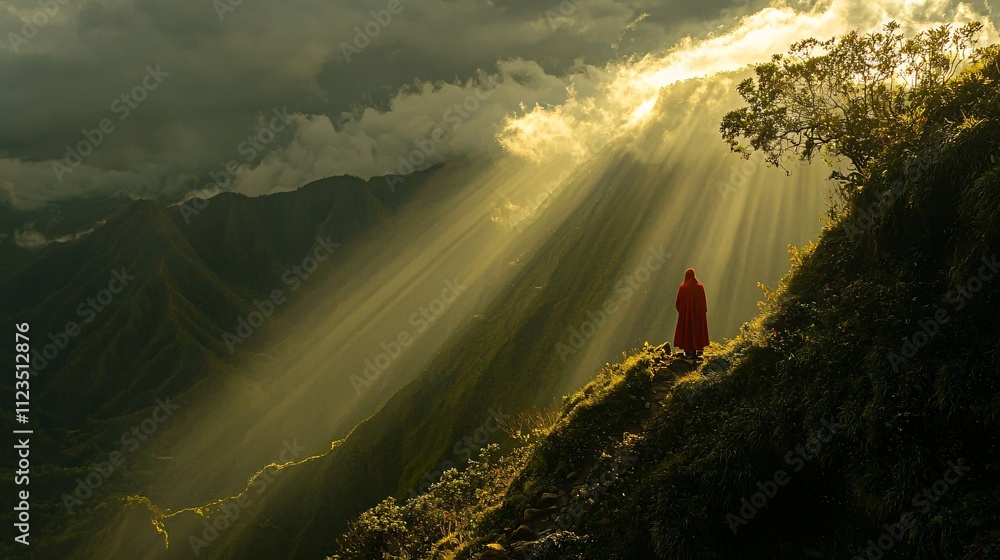 Aufkleber a person climbing a steep mountain trail with sunlight breaking through clouds symbolizing personal 