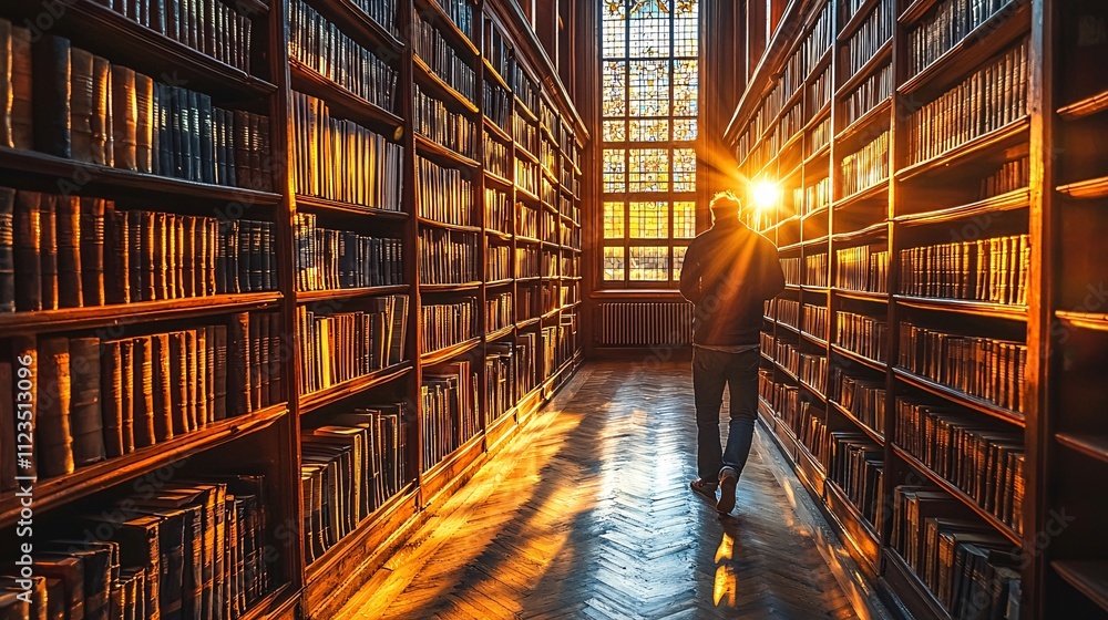 Poster a serene library scene with an individual immersed in a book surrounded by natural light stock photo