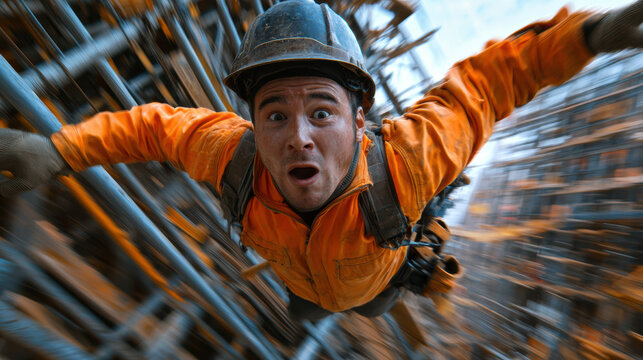 construction worker in orange jacket appears to be falling amidst scaffolding, showcasing dramatic moment of surprise