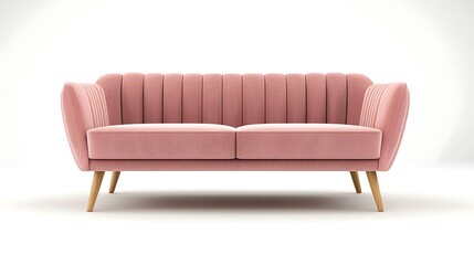 A pink couch with wooden legs and a white background