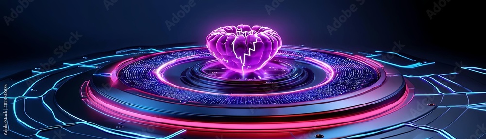 Poster futuristic digital heart design with vibrant colors and circuit patterns.