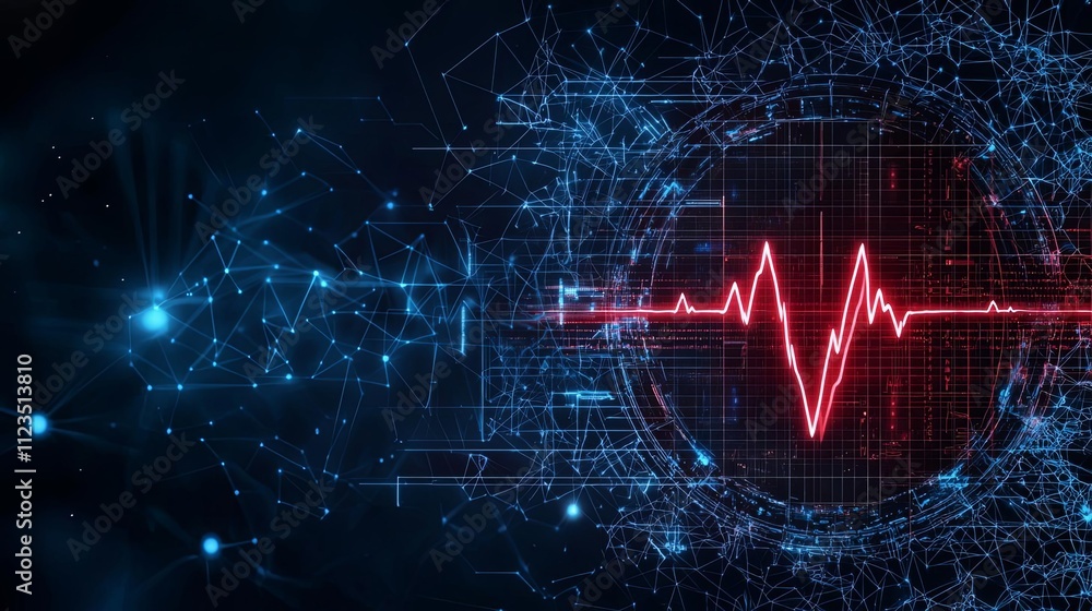Poster digital heartbeat graphic showcasing technology and data visualization.