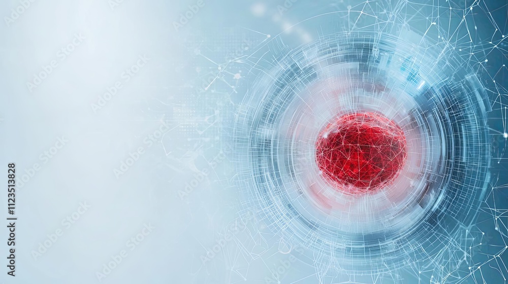 Poster an abstract representation of cellular science with vibrant red and blue elements.