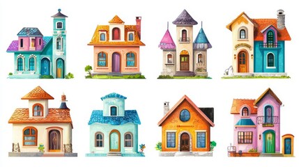 Colorful cartoon houses in various styles.