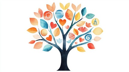 Obraz premium Colorful watercolor tree with unique leaves.