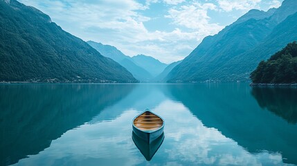 A tranquil lake view with a lone canoe representing inner peace and mindfulness Stock Photo with side copy space