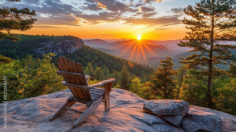 Poster an empty chair facing a scenic view with space for inspirational quotes stock photo with side copy s