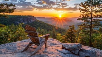 An empty chair facing a scenic view with space for inspirational quotes Stock Photo with side copy space