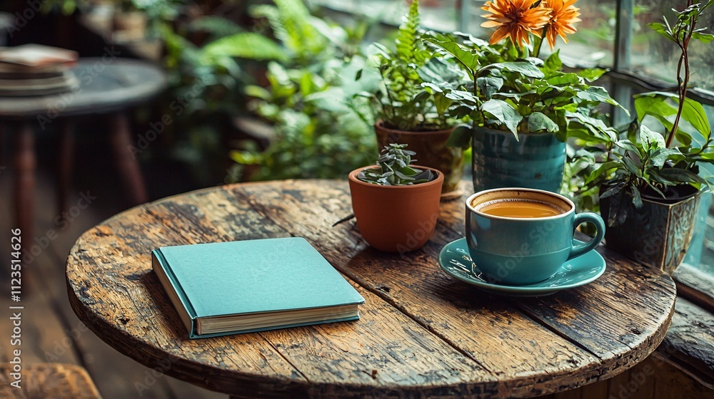 Poster A table set with essential items for planning including a notepad and a motivational book Stock Photo with side copy space