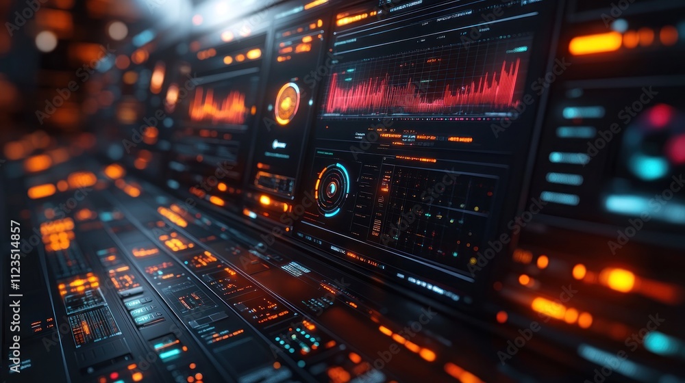 Poster futuristic control panel with glowing interfaces and graphs