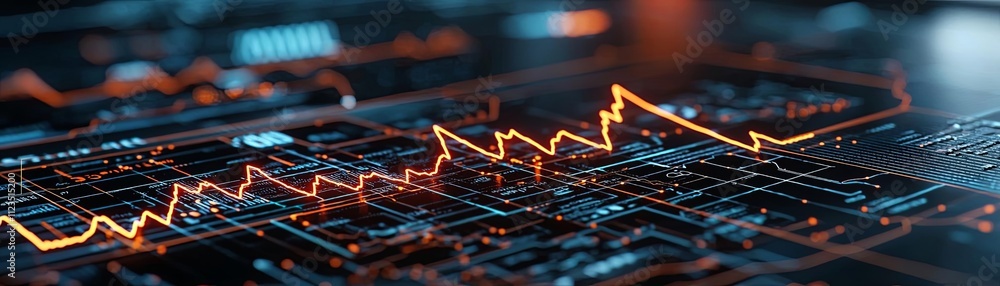 Poster abstract representation of digital data analytics and fluctuating statistics graphs.
