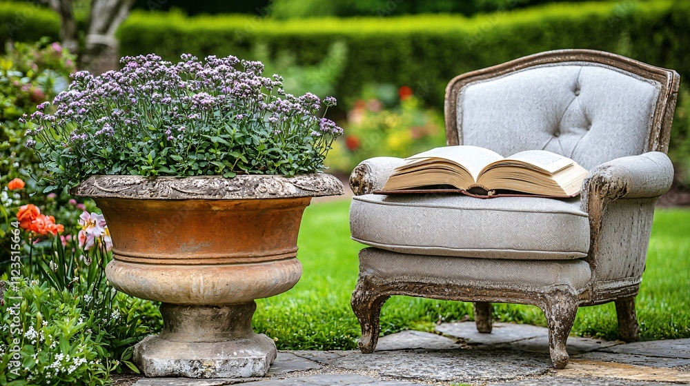 Poster a peaceful garden scene with a chair and book left open on a page stock photo with side copy space