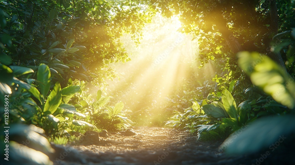 Poster A vibrant forest path with sunlight breaking through the canopy Stock Photo with side copy space