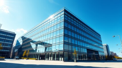 Fototapeta premium Modern Glass Office Building Panoramic Banner, Blue Sky, Vivid Colors