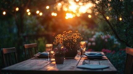 Romantic outdoor dining experience with a cozy setup of fairy lights, fresh flowers, and a breathtaking sunset view