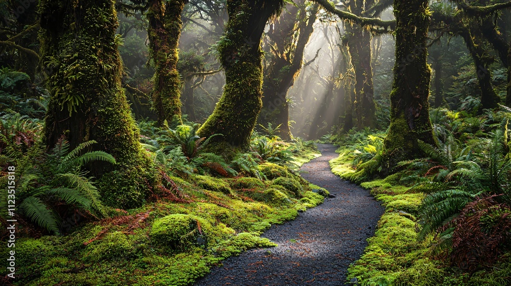 Poster A vibrant forest path with sunlight breaking through the canopy Stock Photo with side copy space