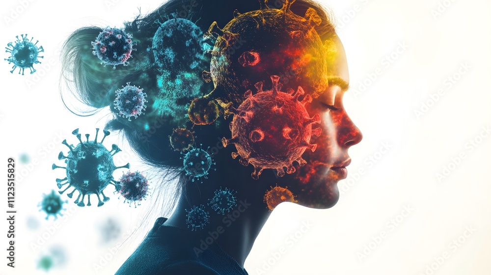 Poster conceptual representation of a woman's profile with virus illustrations illustrating the impact of p