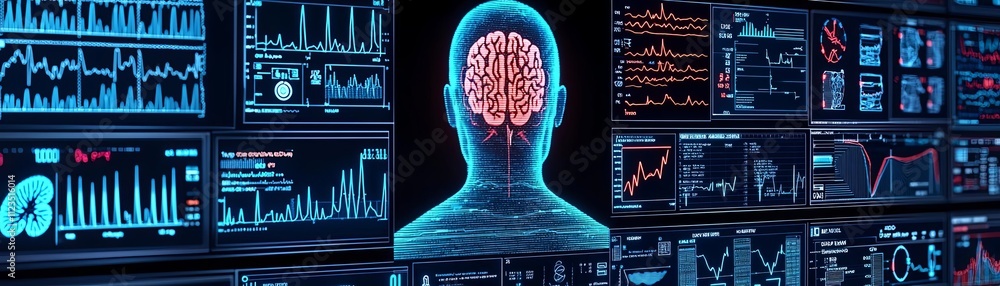 Aufkleber futuristic visualization of a human brain amid data analytics and digital metrics.