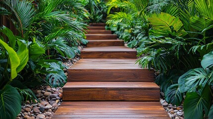 An inspirational image of stairs leading upward through lush greenery Stock Photo with side copy space