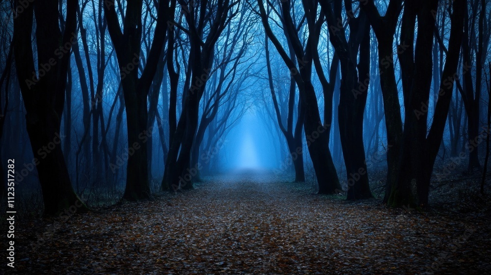 Poster a dark forest with a path through it