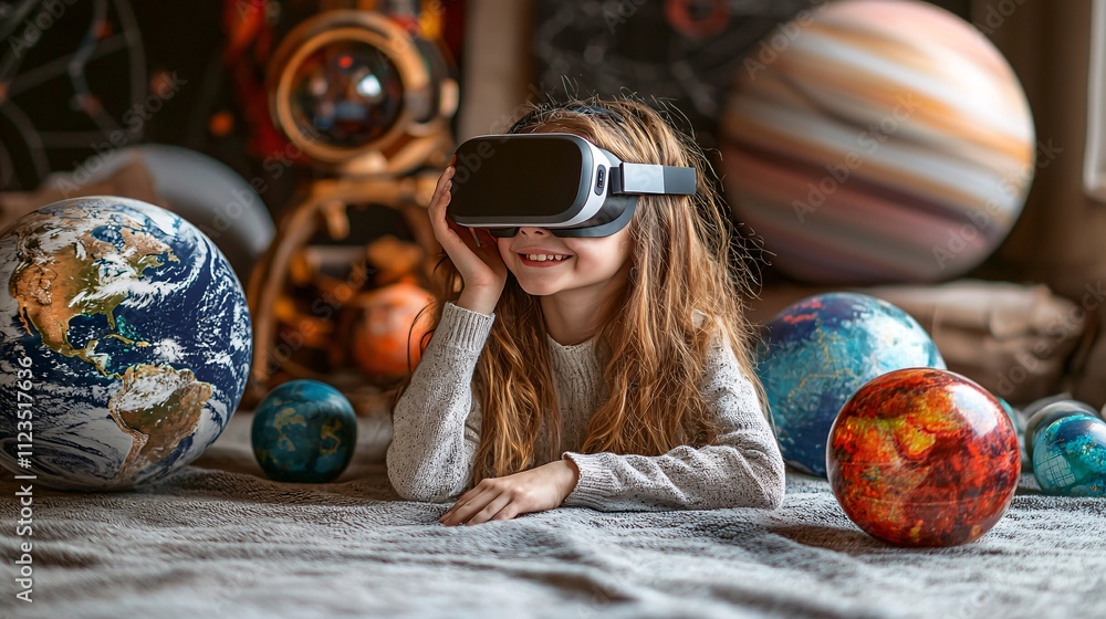 Poster A student engaging in a virtual reality simulation to learn science concepts Stock Photo with side copy space