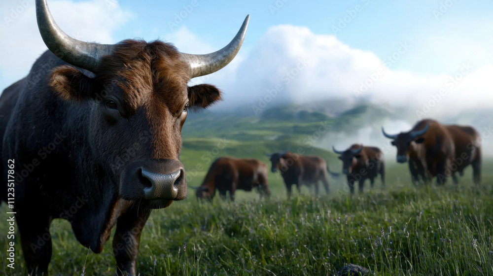 Poster a group of cows are grazing in a field with a large mountain in the background