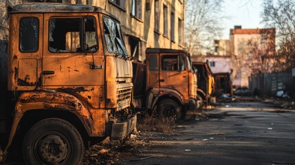 Obraz premium damage, trucks, disaster, aftermath, debris, deserted, street, empty, neglect, abandonment, broken, windows, dented, bodies, wide-angle, lens, full, extent, quiet, pristine, exteriors, marred, dents,