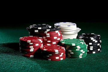 
Colorful poker chips stacked on a casino table, surrounded by playing cards and green felt