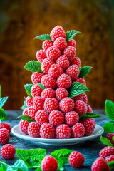 Framboises empilées en forme de pyramide sur une assiette