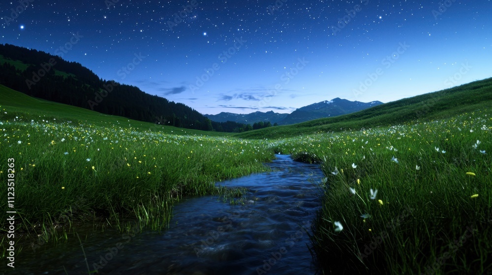 Poster a beautiful field of grass with a river running through it