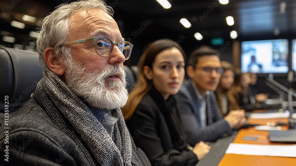 Aufkleber A hybrid learning environment with both in-class and remote participants engaging in a discussion Stock Photo with side copy space