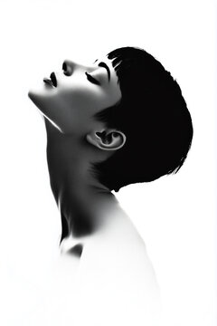 Portrait en noir et blanc de la t&ecirc;te d'une jeune femme  vu de profil,cheveux courts et noirs, la t&ecirc;te tendue vers le haut et les yeux ferm&eacute;s sur un fond blanc.