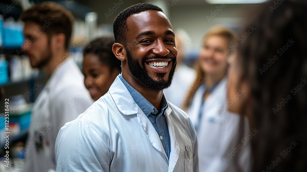 Poster a teacher guiding students in a laboratory equipped with modern technology and tools stock photo wit