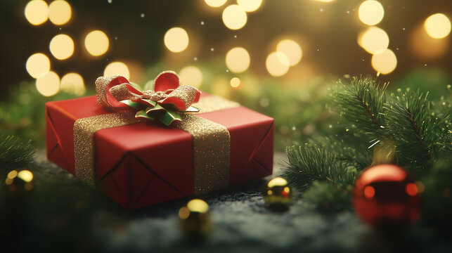 Red box present with gold ribbon close up pohoto