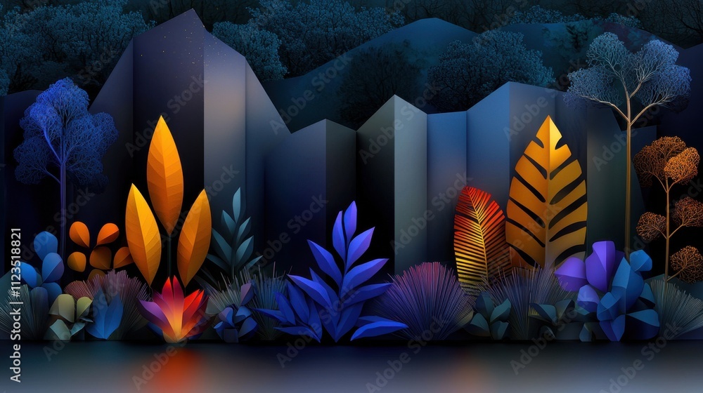 Poster a colorful forest scene with a mountain range in the background