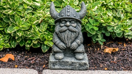 Obraz premium A decorative Viking gnome statue in a garden setting.
