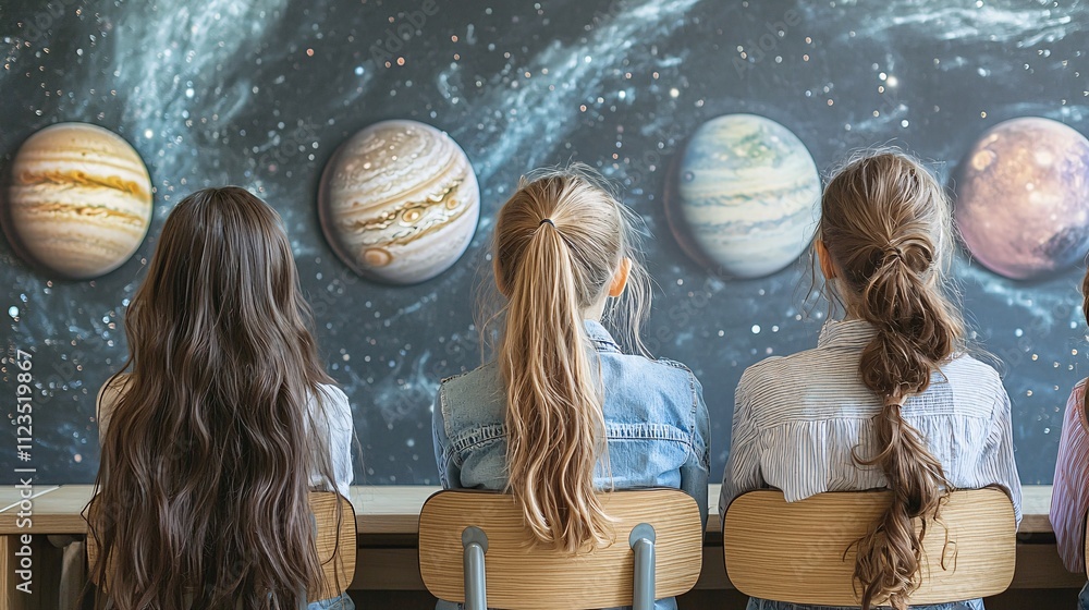 Poster a classroom scene where holographic models of planets are being used to teach astronomy stock photo 