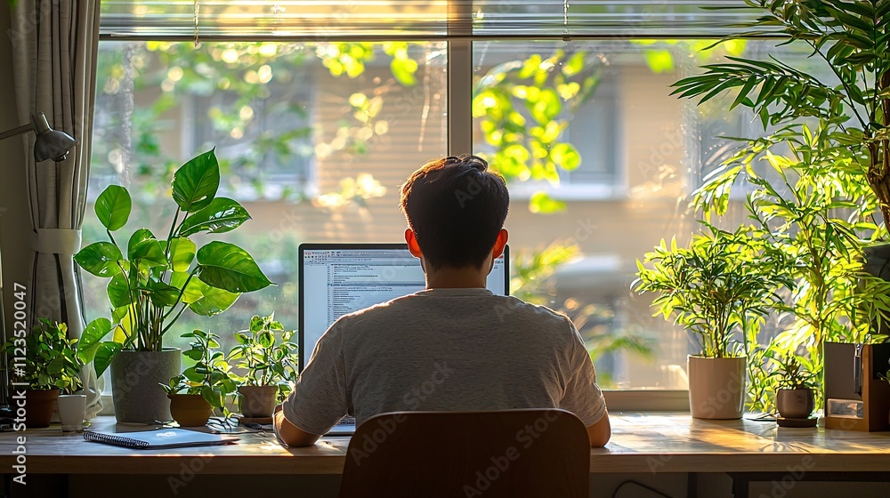 Poster a bright study room setup featuring a student taking an online test with focus stock photo with side