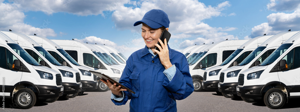 Poster female manager with a digital tablet and smartphone on the background of vans. fleet management