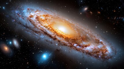 Fototapeta premium A spiral galaxy with a yellow center and blue and white stars