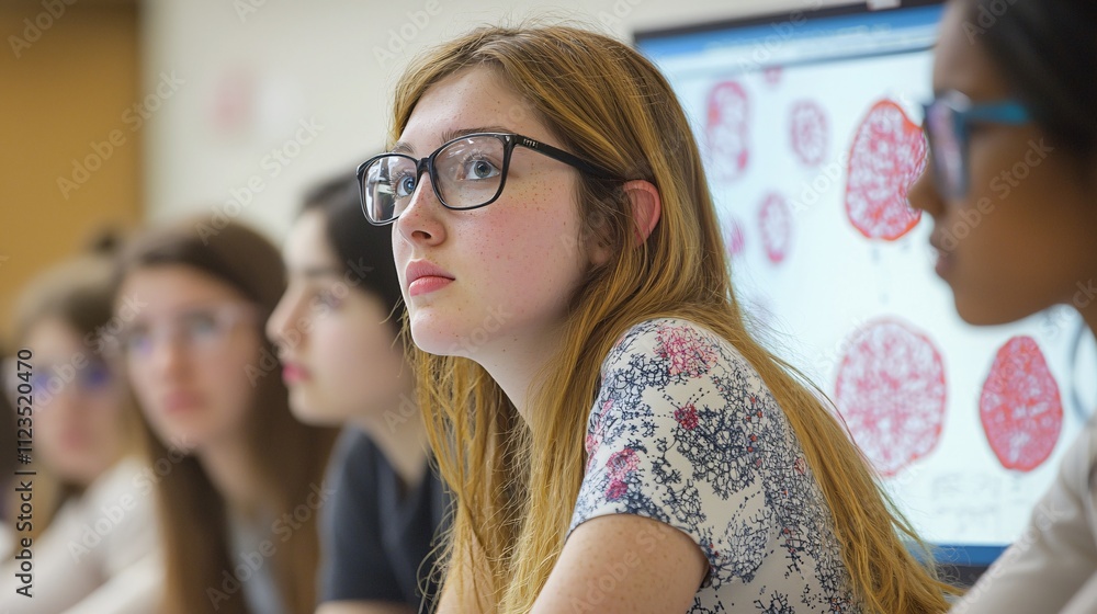 Poster a diverse group of students analyzing virtual biology models on their screens stock photo with side 
